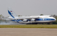 An An-124-100 from Volga-Dnepr lands at Naval Air Station Joint Reserve Base (NAS/JRB), New Orleans, Louisiana, United States, on September 12 2005 to deliver a diesel powered water pump in support of the Hurricane Katrina relief efforts. (US Navy photo by Wade G Mckinnon)