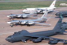 Two Tupolev Tu-95 ‘Bear’ bombers, centre, and an A-124 transport aircraft of the Russian military, background, beside a Boeing B-52H Stratofortress of the 62nd Bombardment Squadron at Barksdale Air Force Base, Louisiana, United States on May 1 1992. (DoD photo by Technical Sergeant Fernando Serna) Two Tupolev Tu-95 ‘Bear’ bombers, centre, and an A-124 transport aircraft of the Russian military, background, beside a Boeing B-52H Stratofortress of the 62nd Bombardment Squadron at Barksdale Air Force Base, Louisiana, United States on May 1 1992. (DoD photo by Technical Sergeant Fernando Serna)