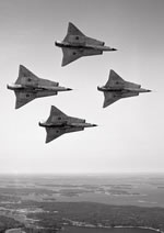 Four J35Ds of the Flygvapnet (Swedish Air Force) in tight formation in 1965 (I Thuresson/Saab).