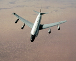 A Boeing RC-135 Stratoliner from the 9th Strategic Reconnaissance Wing approaches a  KC-135 tanker during Desert Shield (USAF)